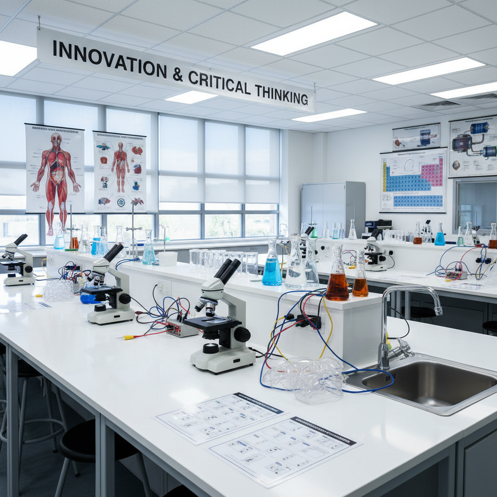 A professionally equipped science and technology lab for secundaria, showcasing clean white workbenches lined with microscopes, glass beakers containing clear and colored solutions, and neatly coiled measuring cables connected to small electronic experiment boards. Safety goggles rest in orderly rows beside laminated lab instructions emphasizing responsibility and teamwork. In the background, large windows reveal soft daylight that combines with bright, cool overhead lab lighting, producing crisp, realistic reflections on stainless steel sinks and glossy countertops. Photographic realism, captured from eye level with strong depth of field, every instrument clearly defined. Wall posters feature detailed scientific diagrams and a printed banner about innovation and critical thinking. The atmosphere is precise, serious, and intellectually stimulating, conveying high academic standards and hands-on learning.