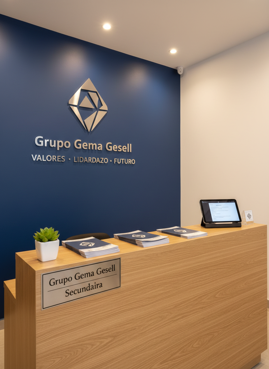 A serene admissions and orientation space for a prestigious secundaria, showing a minimalist reception desk in light oak with a sleek metal nameplate reading “Grupo Gema Gesell Secundaria”. Behind it, a feature wall in deep blue displays the school logo and a subtle motto about values and leadership in polished lettering. On the desk, neatly stacked informational brochures and a tablet with an open digital admissions form rest beside a small, healthy green plant. Soft, warm overhead lighting and indirect wall lights create a welcoming, professional glow with gentle shadows. Photographic realism, framed with the desk slightly off-center using the rule of thirds, clean lines and sharp focus, conveying trust, clarity, and organization in the admissions process.