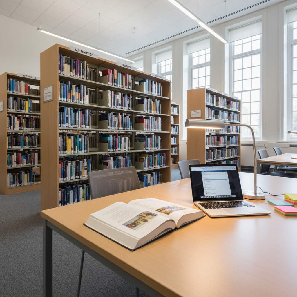 A bright, organized library and resource center for secondary students, with tall bookshelves in light wood filled with carefully arranged textbooks and literature labeled by subject. In the foreground, a rectangular study table holds an open reference book, a laptop showing a digital catalog interface, color-coded sticky notes, and a slim, modern desk lamp casting a focused, warm light. Large side windows allow diffused daylight to fill the room, balancing the lamp’s glow to create a comfortable, realistic photographic ambiance. The floor is covered with a subtle gray carpet that softens the scene. Shot from a slightly low angle, emphasizing the height of the shelves and depth of knowledge available. The mood is quiet, studious, and aspirational, reflecting excellence and love for learning.