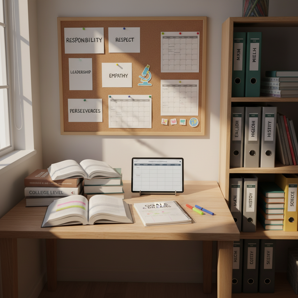A dedicated study and mentoring corner for secondary students, featuring a sturdy light-wood table with meticulously arranged study materials: high-quality textbooks, highlighted notes, a planner marked with goals, and a tablet showing a structured study schedule. A corkboard on the wall above displays neatly pinned value phrases like responsibility, respect, and leadership, along with printed calendars and colorful subject icons. A tall bookshelf to the side holds organized binders and labeled folders. Soft afternoon natural light streams through a nearby window, creating a warm, photographic atmosphere with gentle shadows and a calm, focused mood. Captured at a slightly elevated angle with shallow depth of field that keeps the study table in sharp focus while subtly blurring the background, emphasizing discipline and self-directed learning.