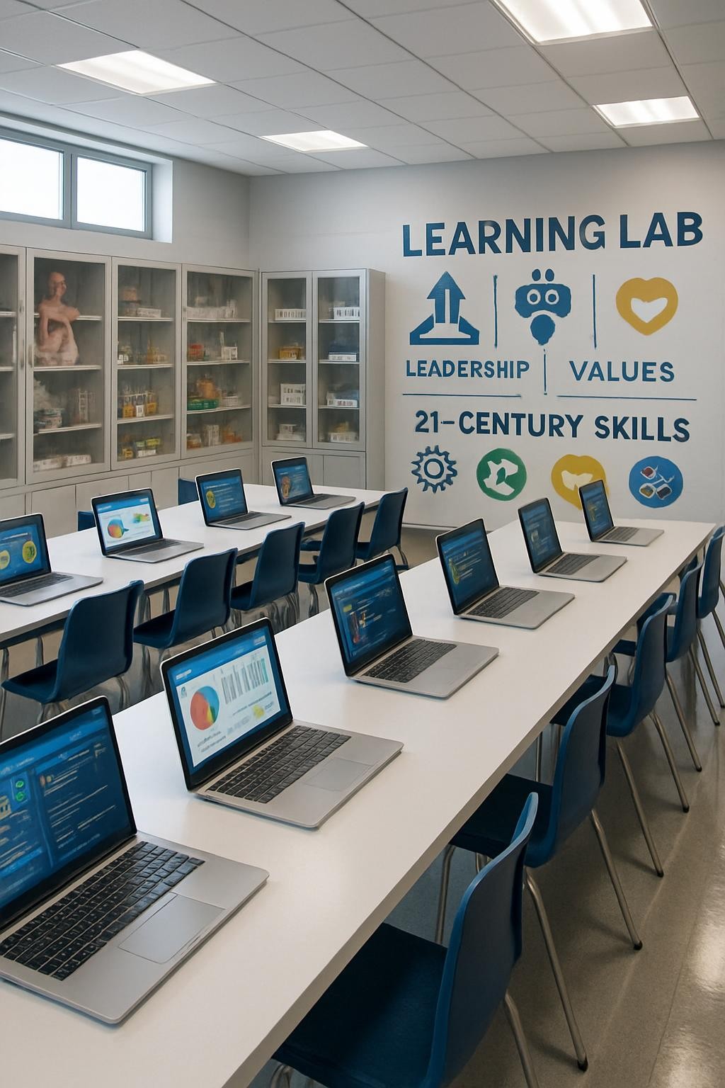 An innovative learning lab for secondary education, filled with neatly arranged laptops on long white collaborative tables, each screen showing colorful educational dashboards and coding interfaces. Around the room, glass-front cabinets display carefully labeled science models, math manipulatives, and robotics components. A large wall features a bold, professionally printed infographic about leadership, values, and 21st-century skills. Cool, diffused ceiling lighting combines with soft daylight from high windows, creating a balanced, photographic look with clear reflections on the smooth floor. Captured from a slightly elevated angle, with strong depth and clean lines emphasizing order and modernity. The mood is focused, aspirational, and technologically advanced, perfectly representing a forward-thinking secundaria with an innovative educational model.